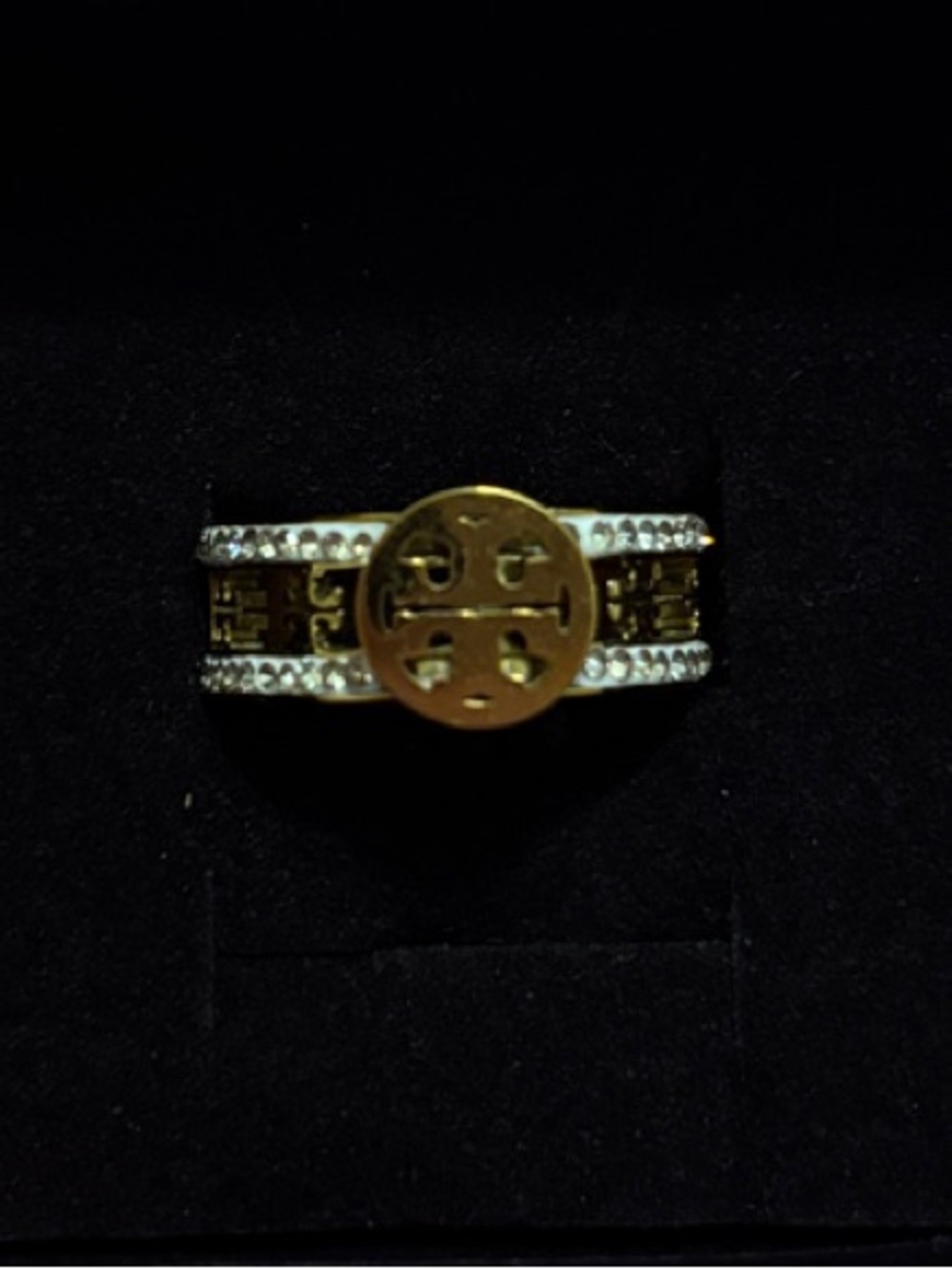 Tory Burch Gold Logo Disc Ring w/ Diamond Pavé Bands